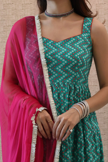 Green Bandhni Cotton Anarkali set