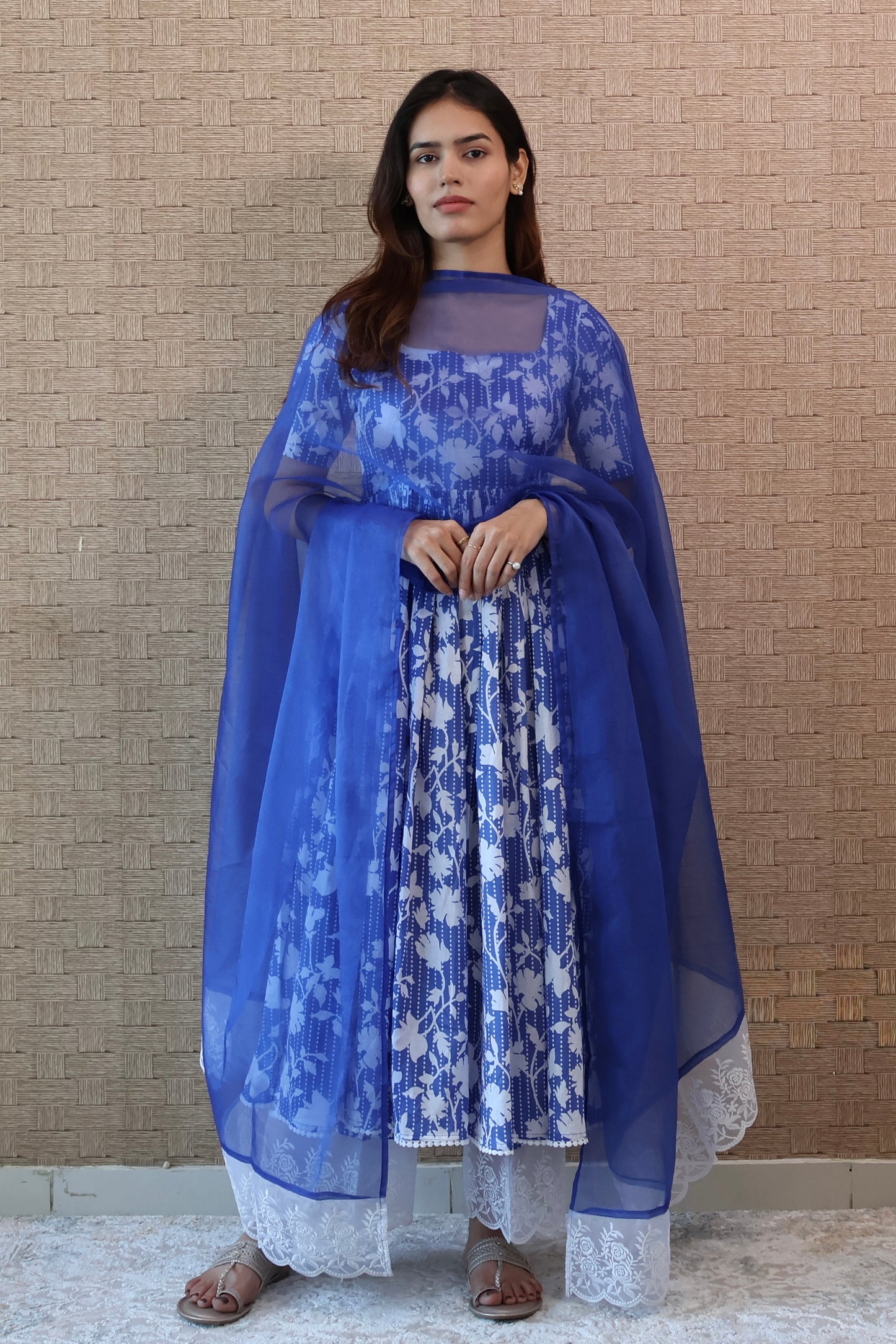 Blue Cotton Lace Anarkali Set