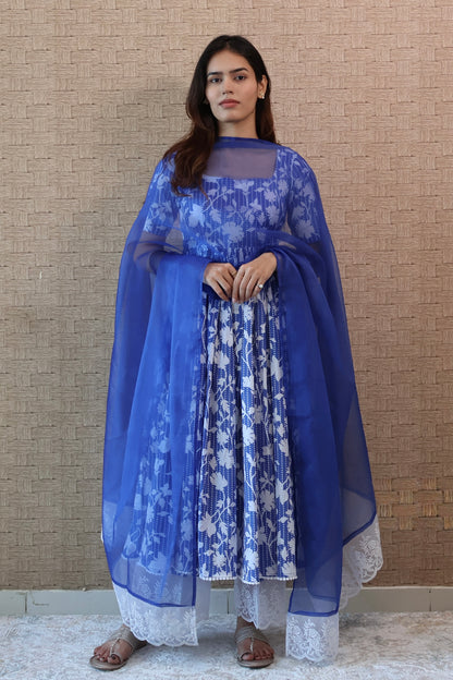 Blue Cotton Lace Anarkali Set