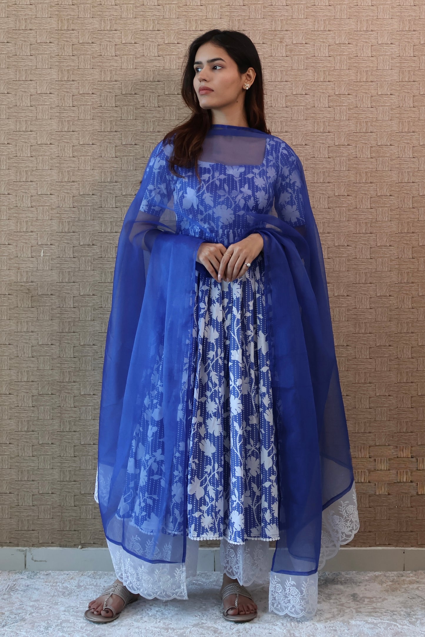 Blue Cotton Lace Anarkali Set
