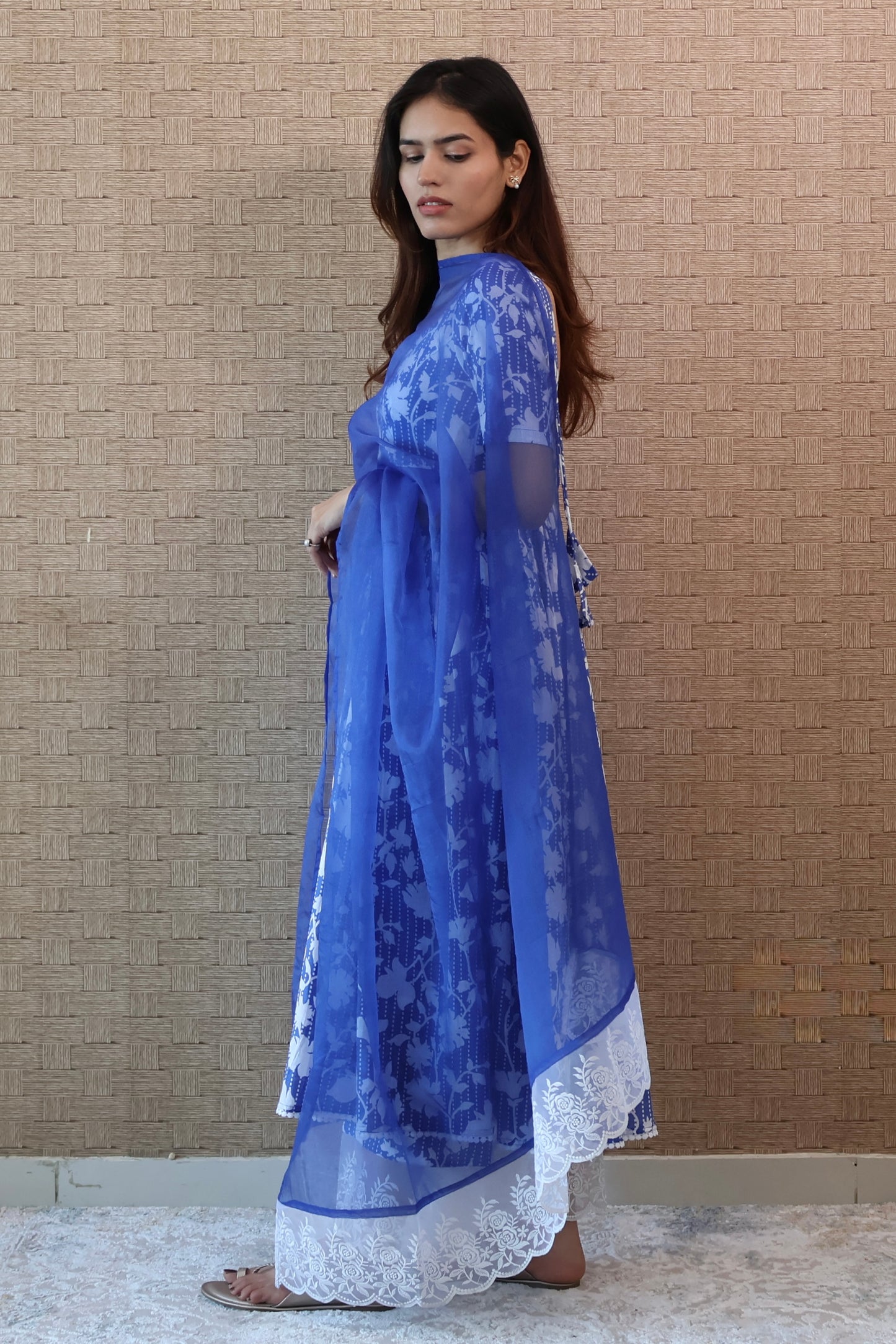 Blue Cotton Lace Anarkali Set