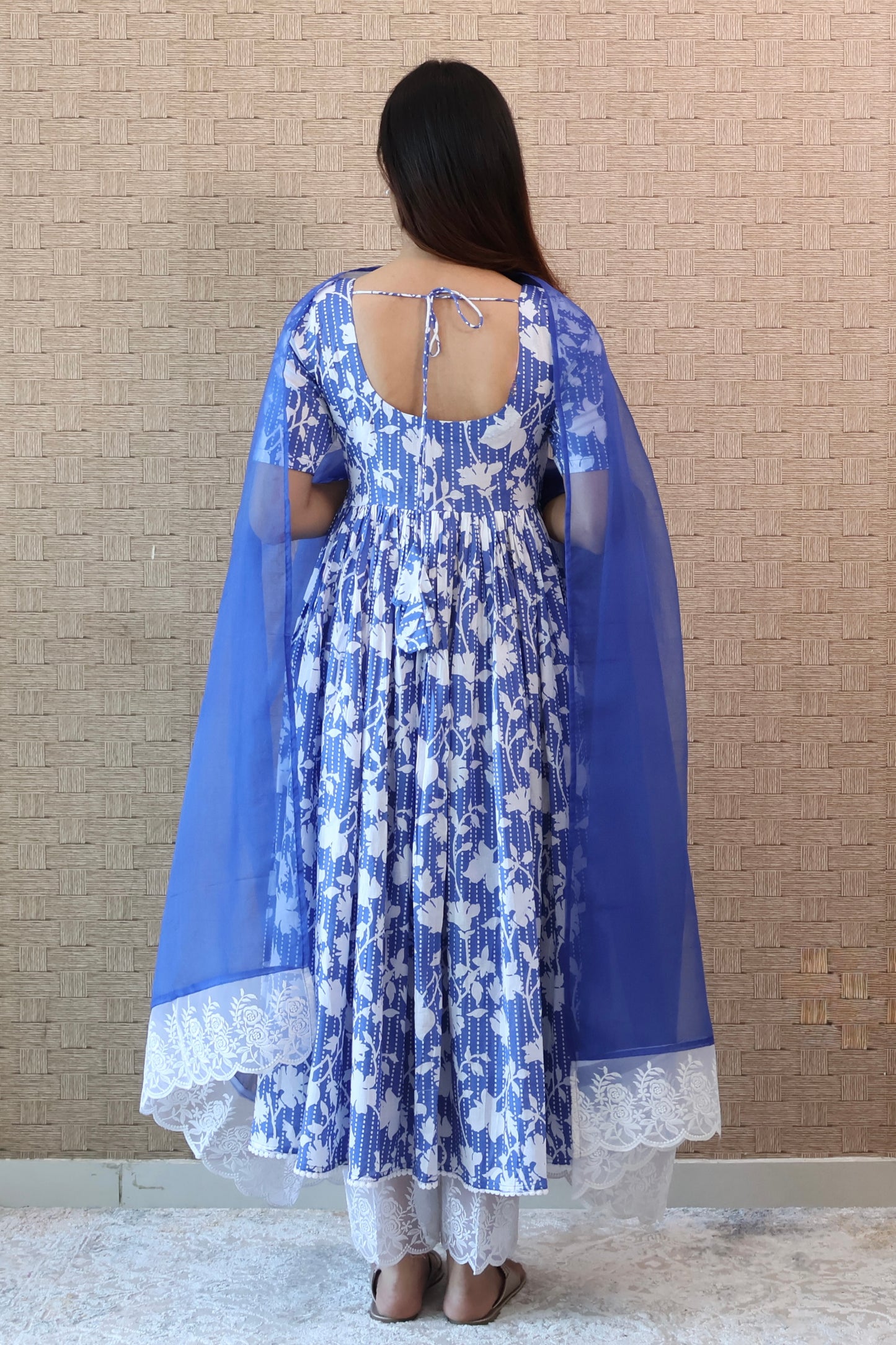 Blue Cotton Lace Anarkali Set