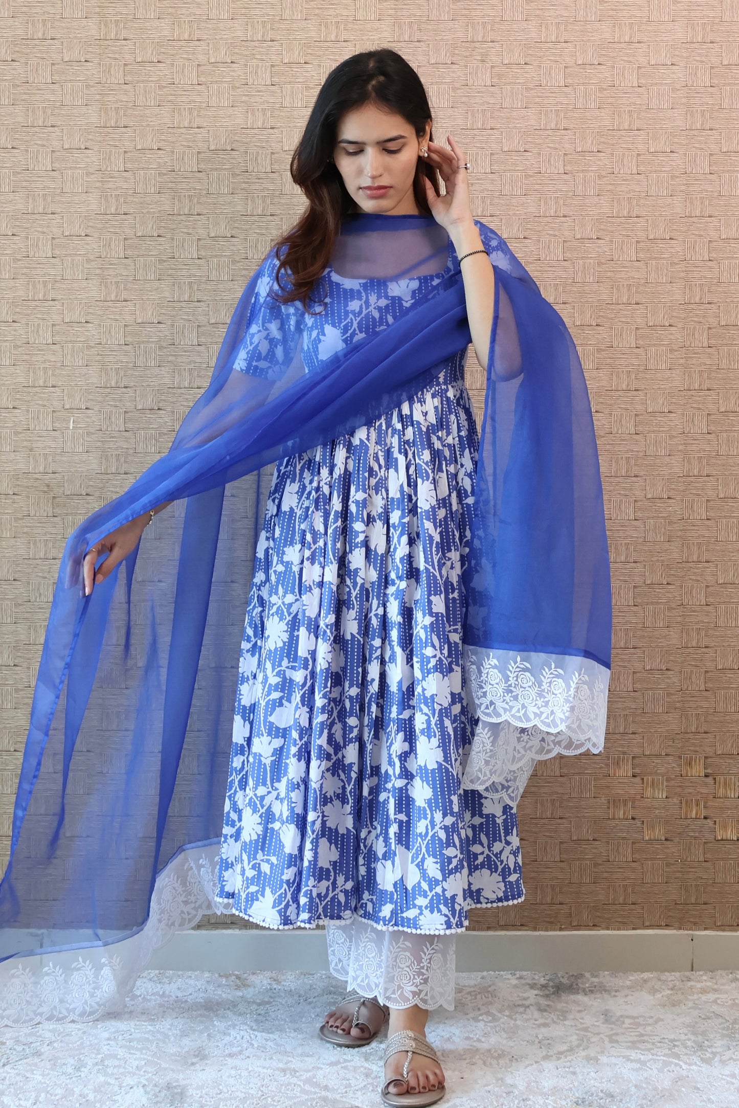 Blue Cotton Lace Anarkali Set