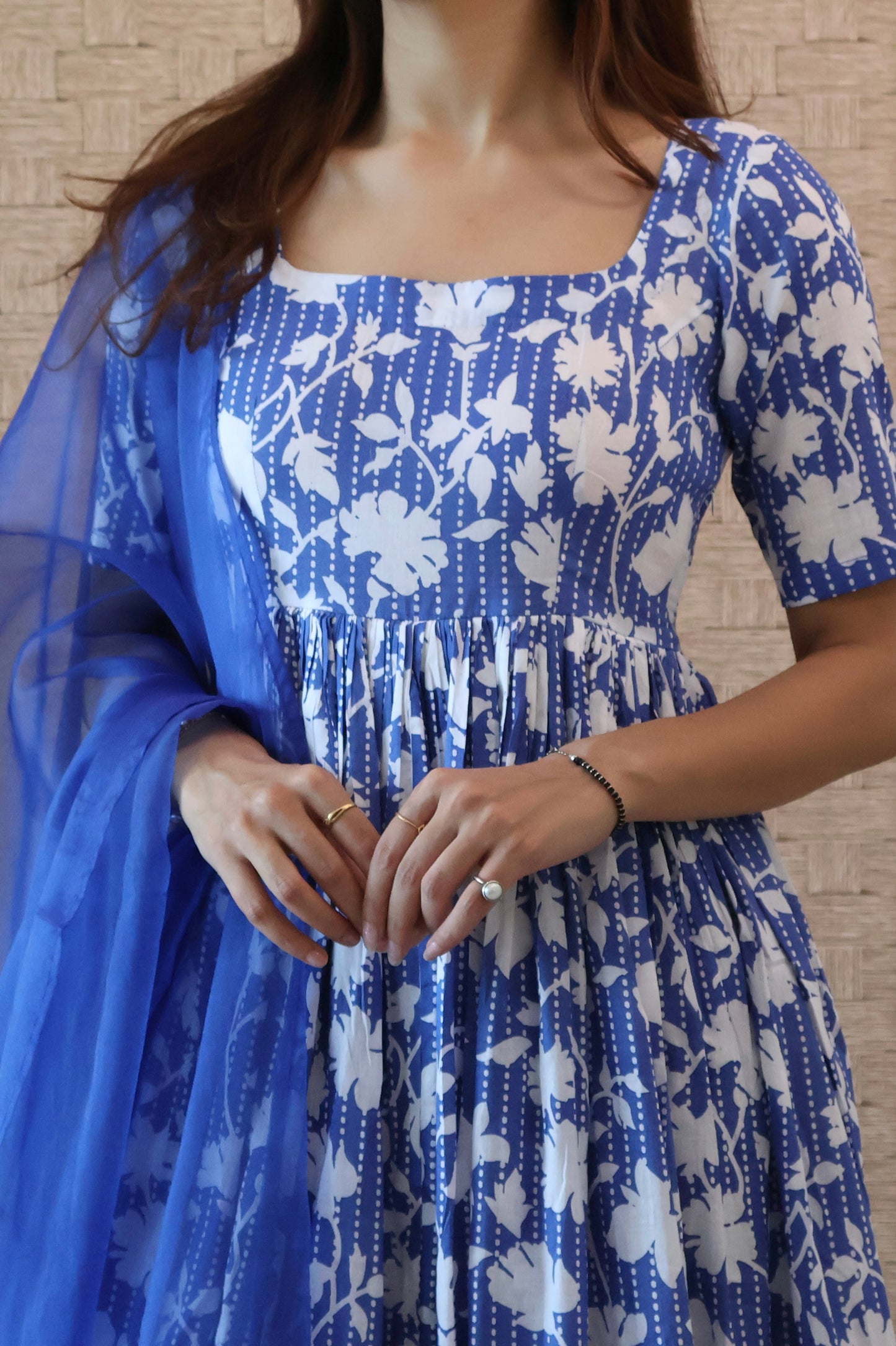Blue Cotton Lace Anarkali Set