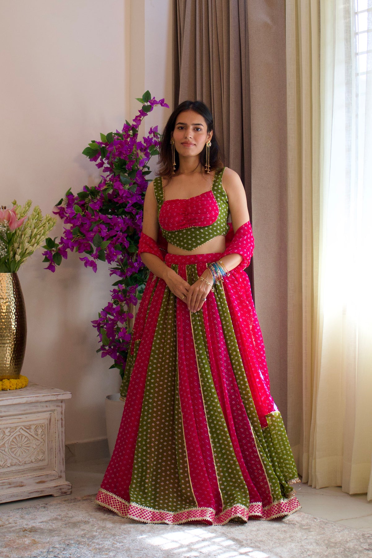 Pink and Green Bandhni Lehenga Set