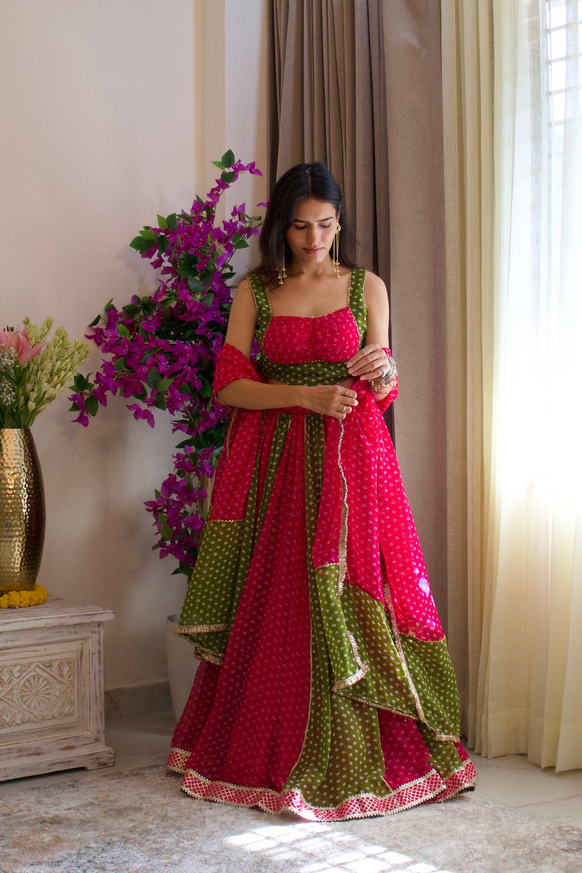 Pink and Green Bandhni Lehenga Set