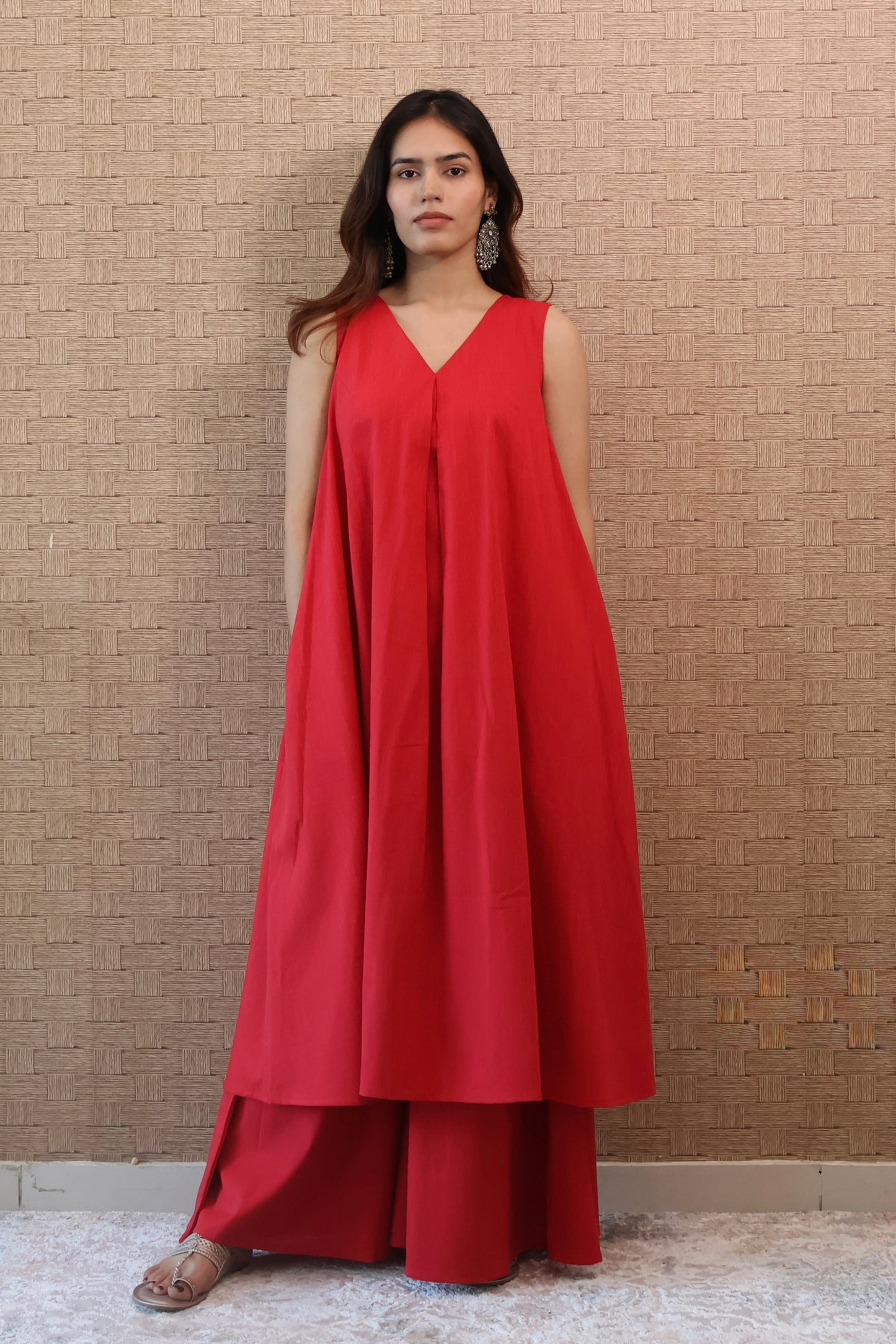Red Rayon Cotton Kurta Set