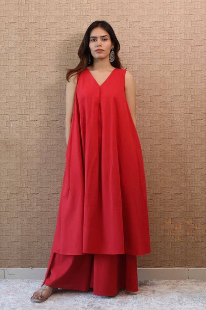 Red Rayon Cotton Kurta Set