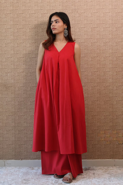 Red Rayon Cotton Kurta Set