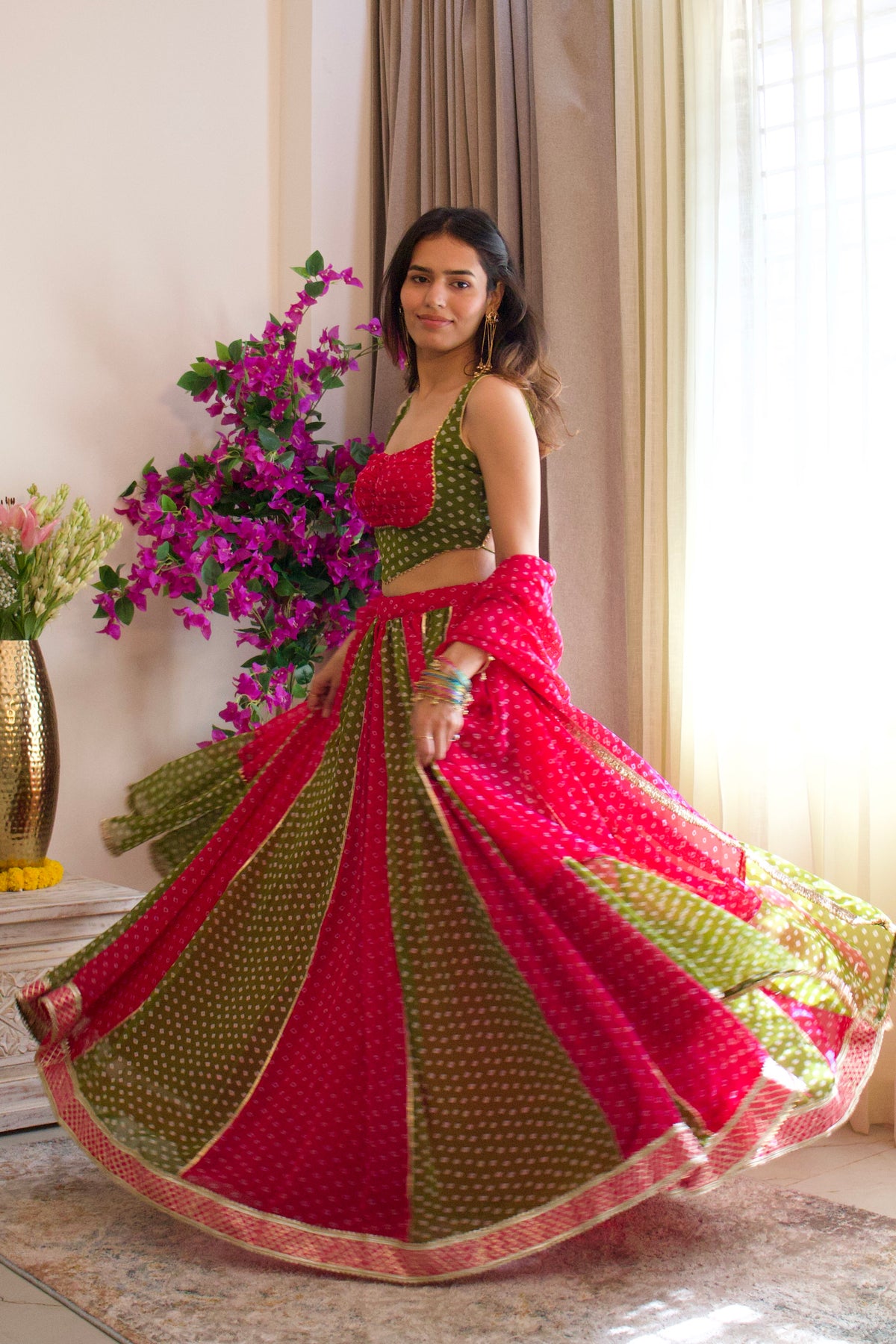 Pink and Green Bandhni Lehenga Set