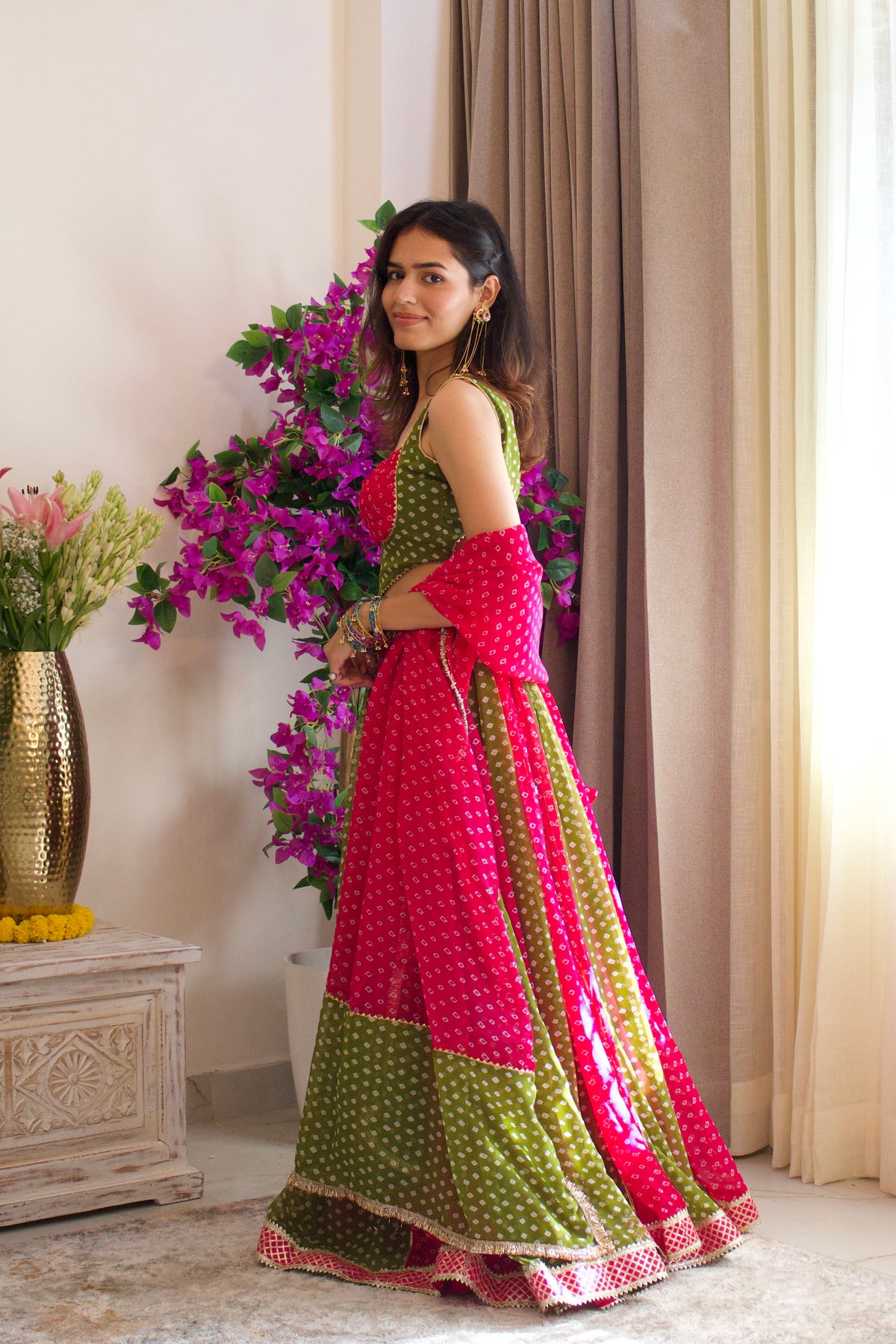 Pink and Green Bandhni Lehenga Set