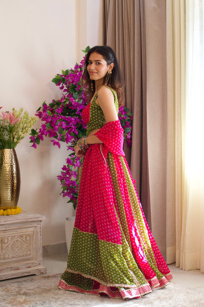 Pink and Green Bandhni Lehenga Set