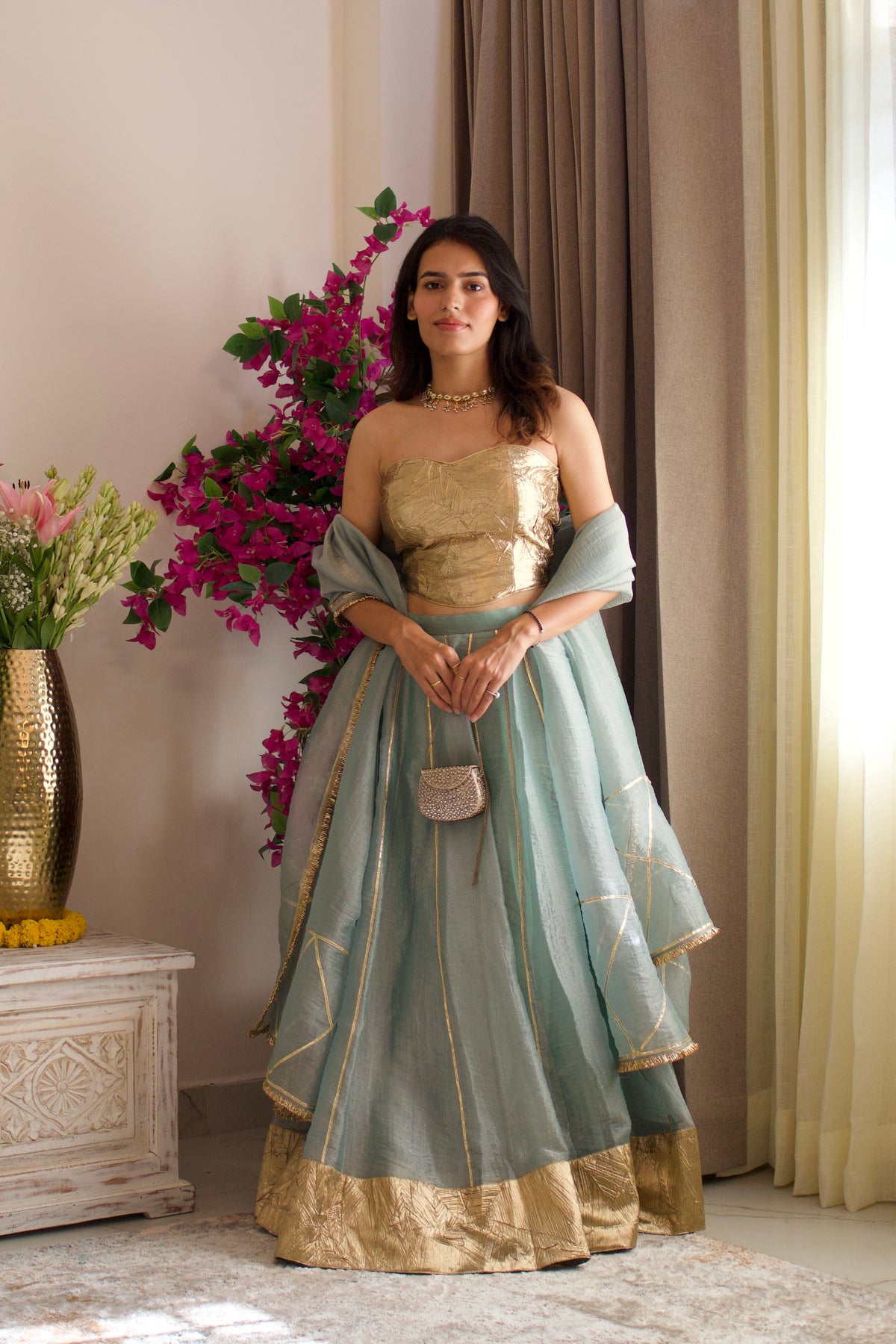Pastel Teal Tissue Lehenga Set