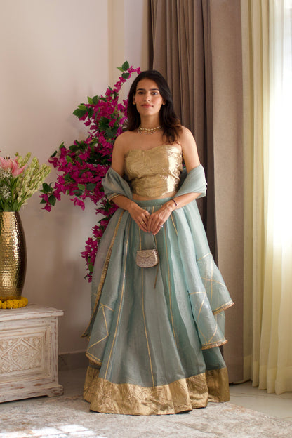 Pastel Teal Tissue Lehenga Set