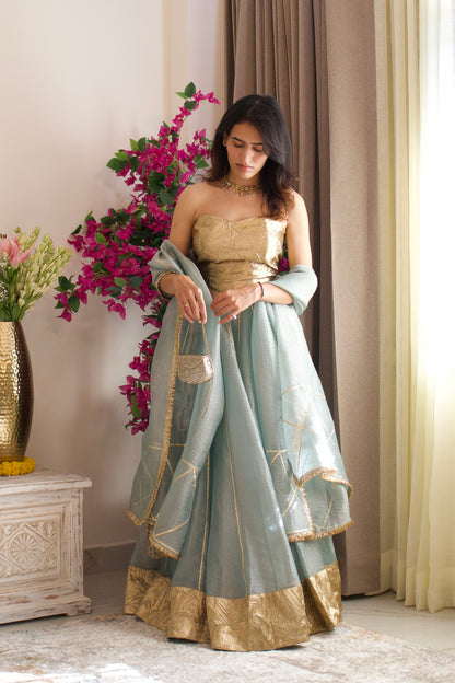 Pastel Teal Tissue Lehenga Set