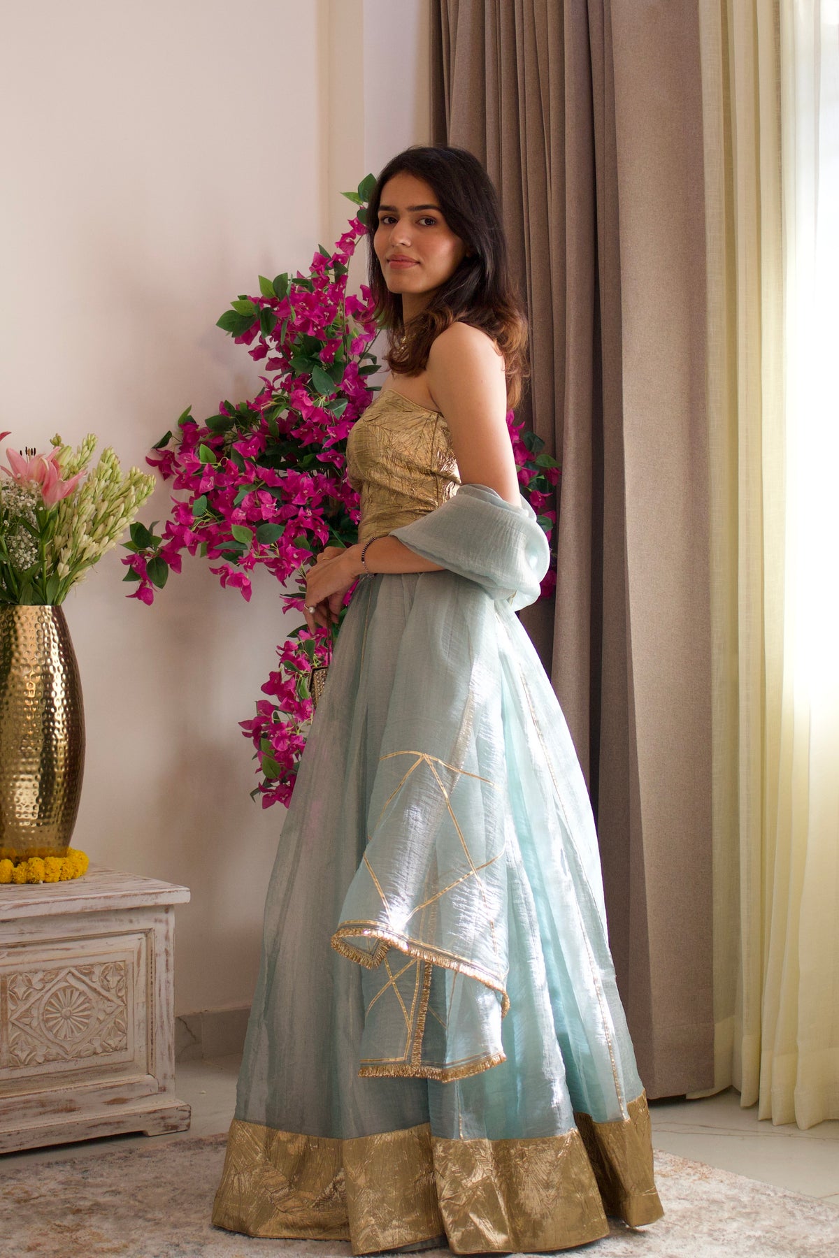 Pastel Teal Tissue Lehenga Set