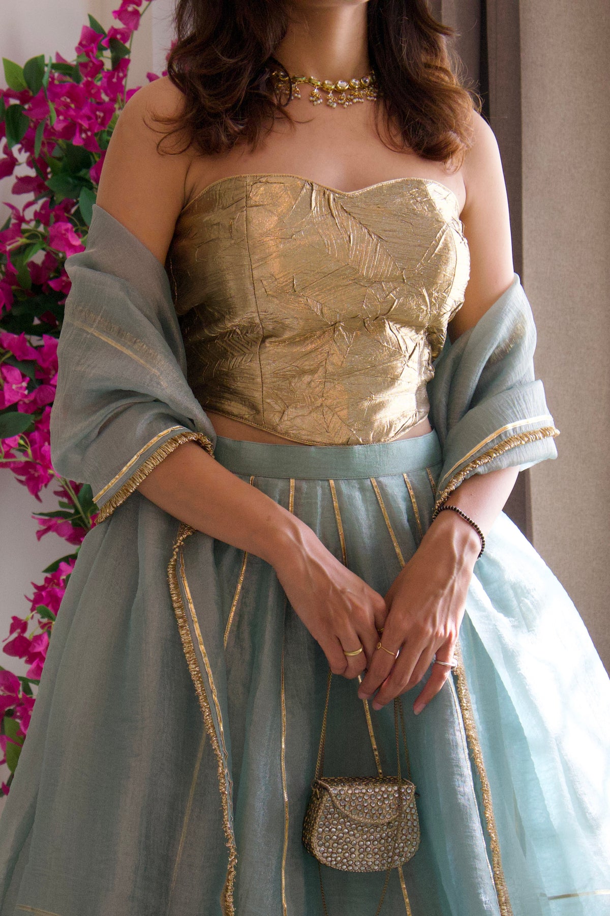 Pastel Teal Tissue Lehenga Set