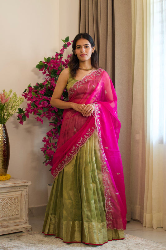 Green Banarasi Tissue Lehenga Set