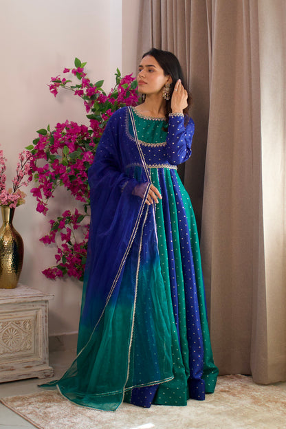 Blue & Green Silk Anarkali with Organza Dupatta