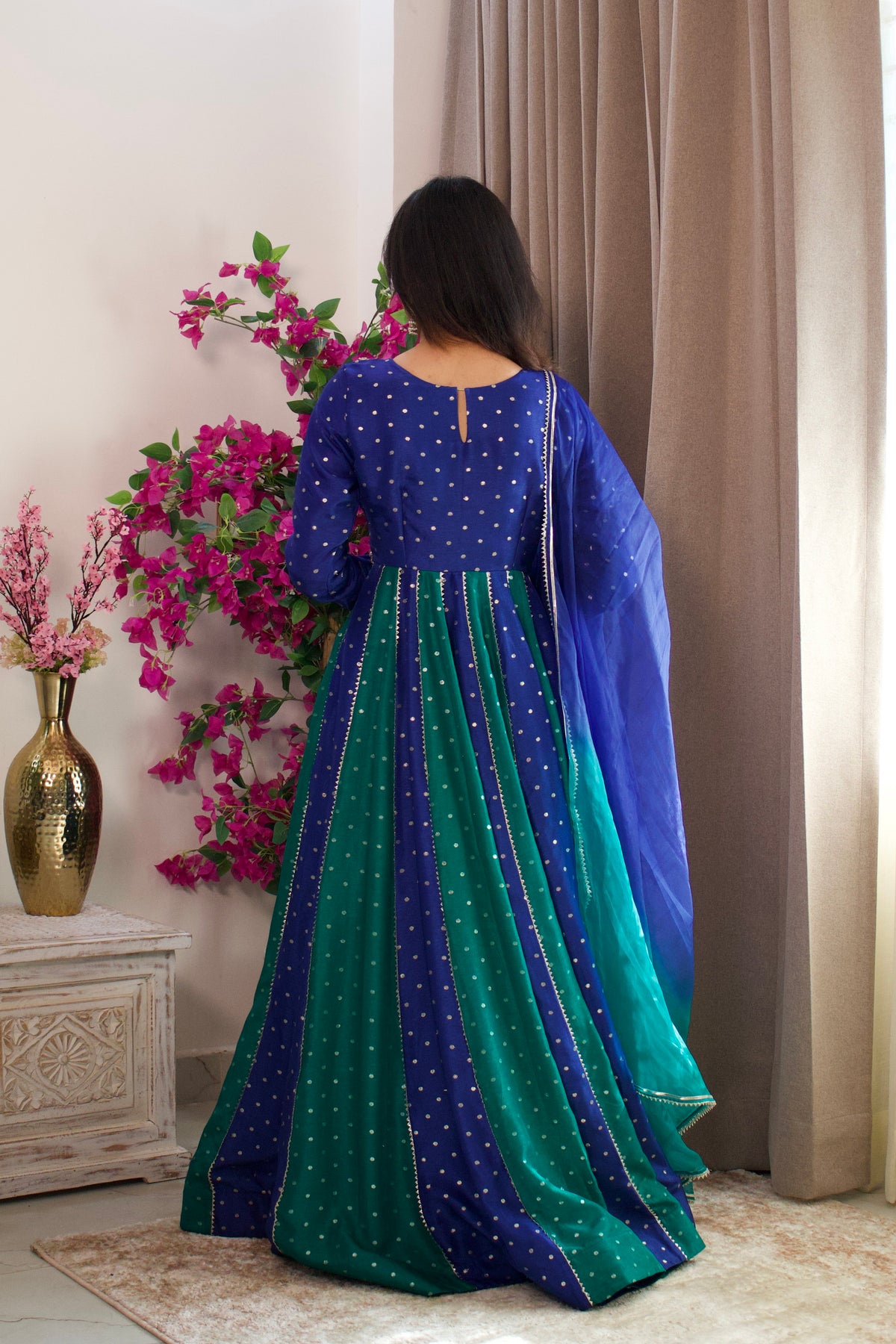 Blue & Green Silk Anarkali with Organza Dupatta