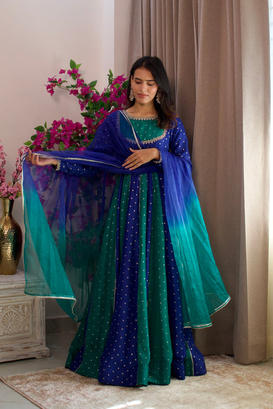 Blue & Green Silk Anarkali with Organza Dupatta