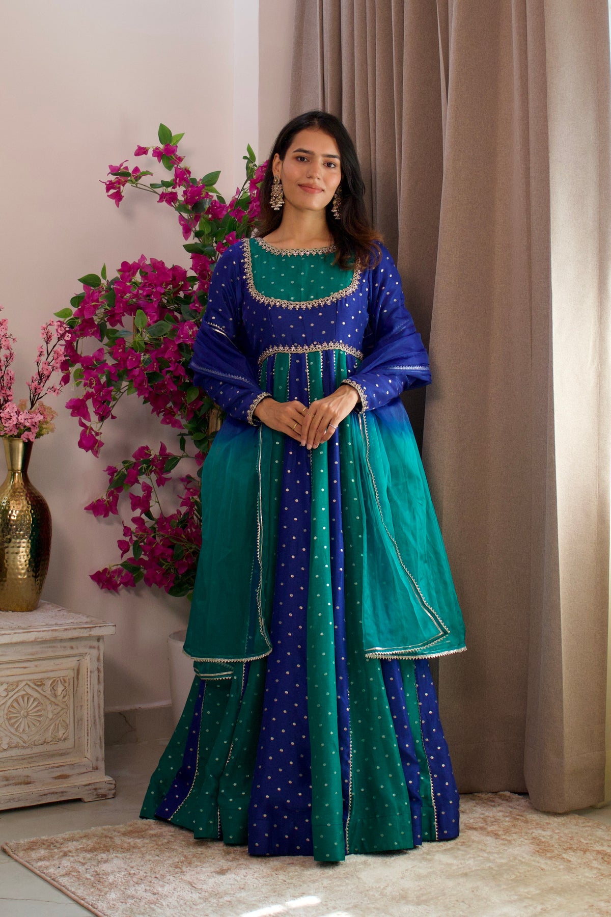 Blue & Green Silk Anarkali with Organza Dupatta