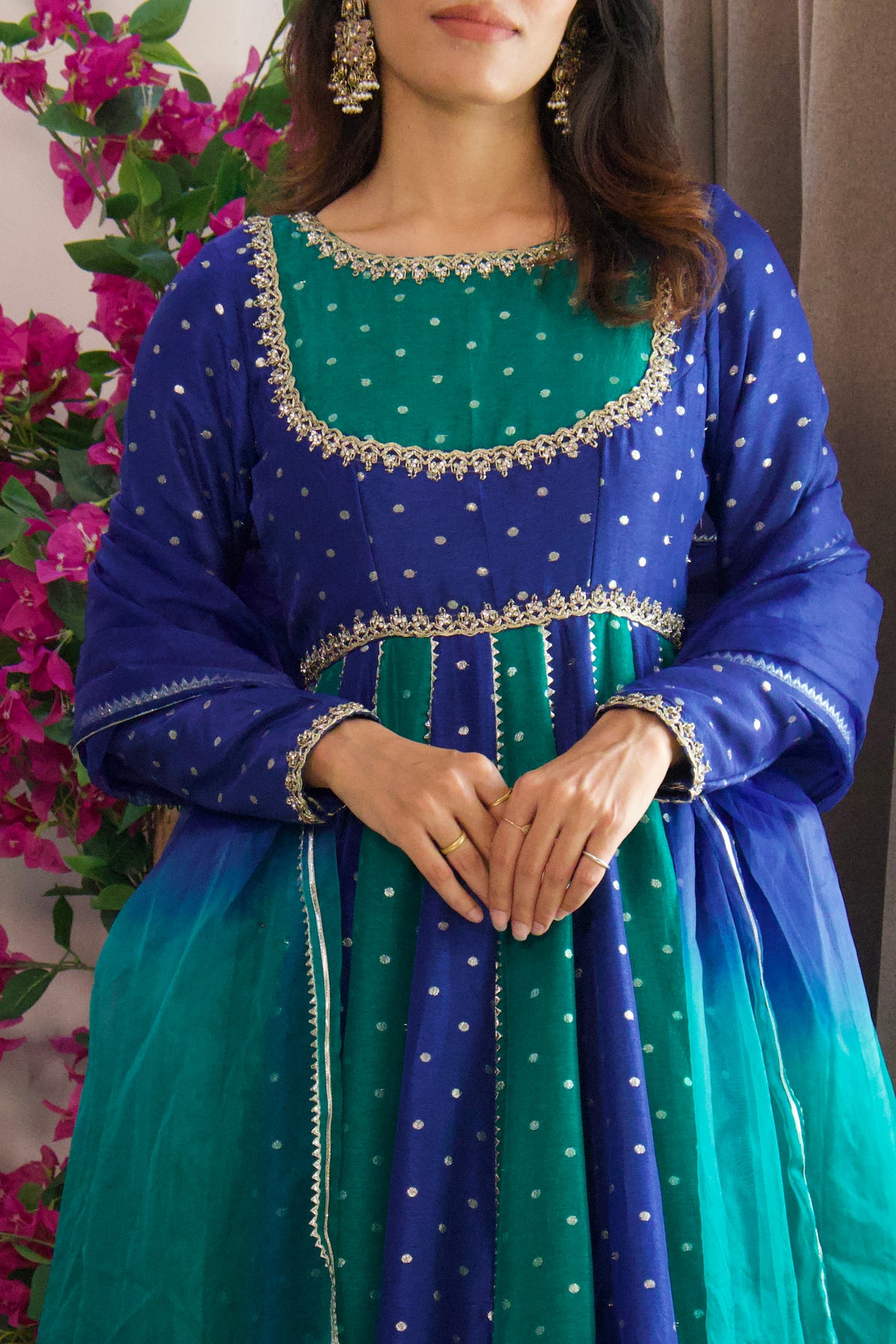 Blue & Green Silk Anarkali with Organza Dupatta