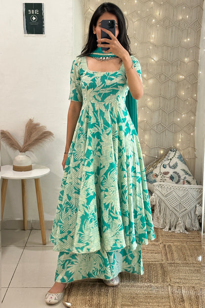Sea Green Kantha Cotton Anarkali Set