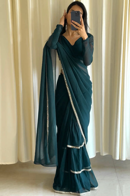 Teal Blue Georgette Ruffle Saree