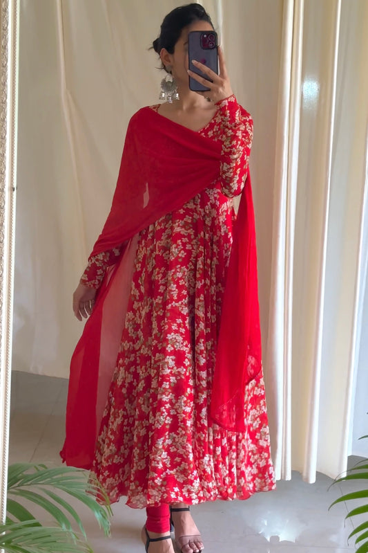 Red Floral Printed Georgette Anarkali Set