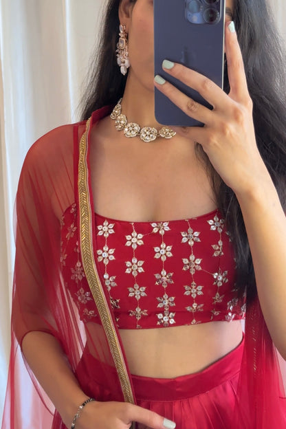 Maroon Satin Draped Skirt Set