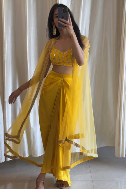 Yellow Satin Draped Skirt Set