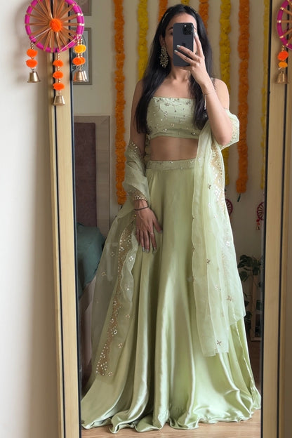 Pista Green Satin Lehenga Set