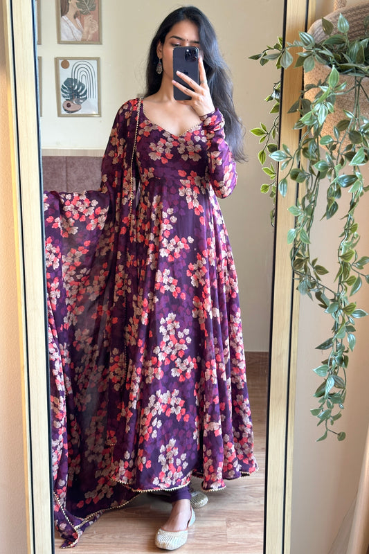 Wine Printed Georgette Anarkali Set