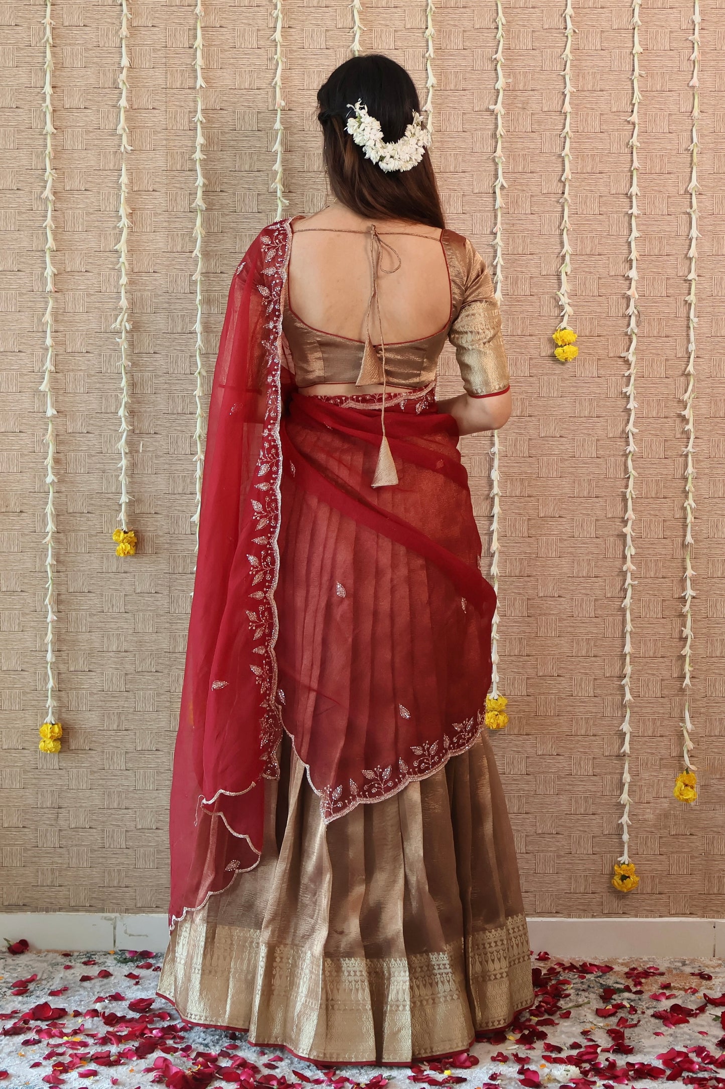 Temple copper Tissue Lehenga Set
