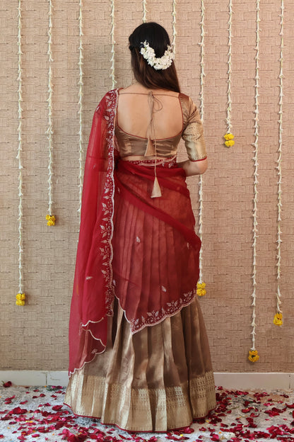 Temple copper Tissue Lehenga Set