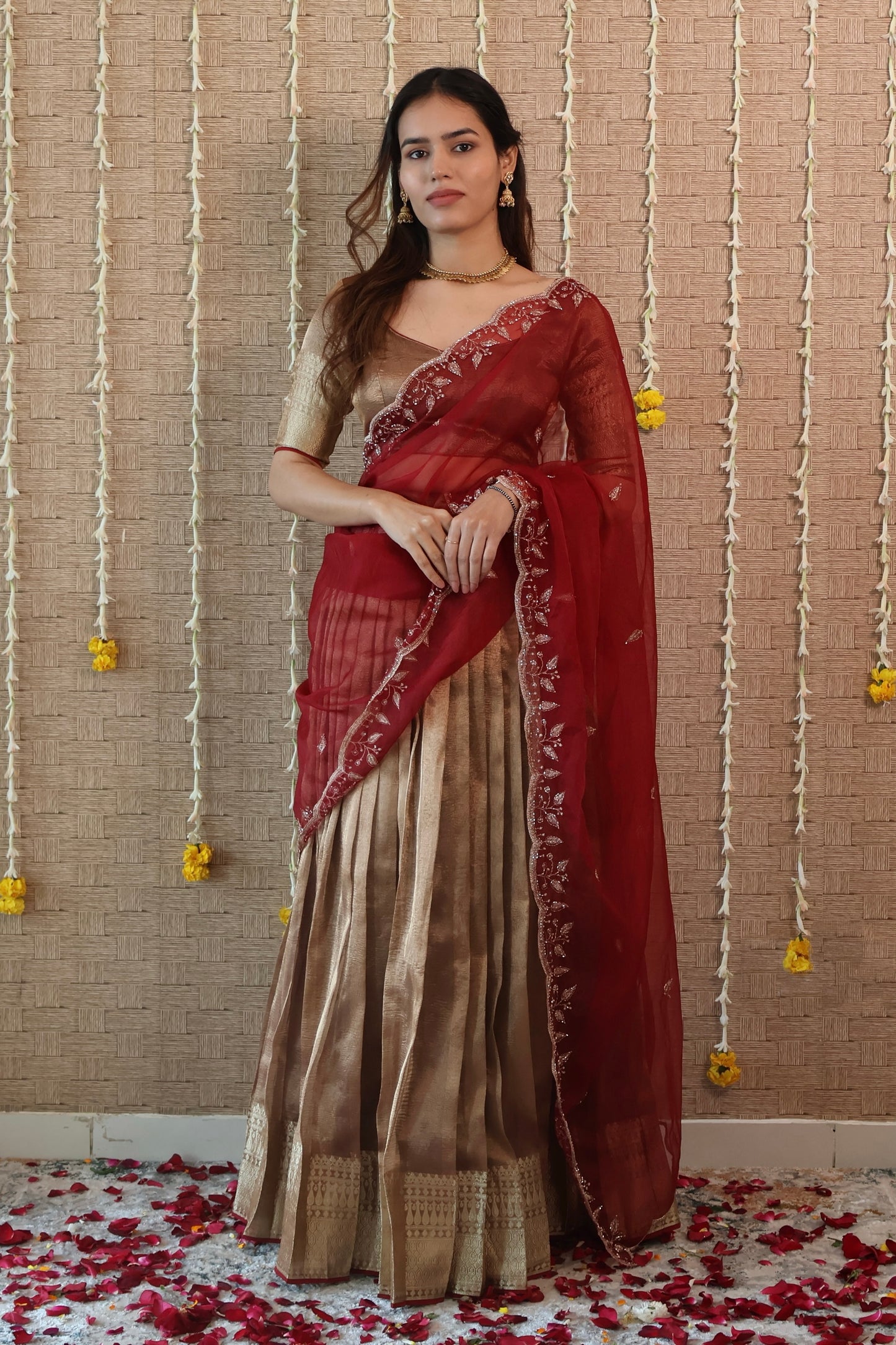 Temple copper Tissue Lehenga Set