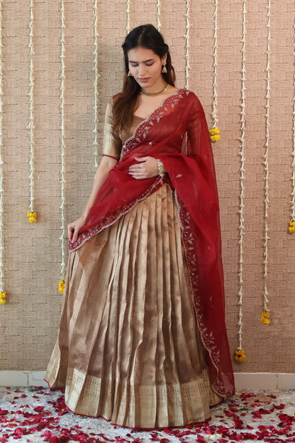 Temple copper Tissue Lehenga Set