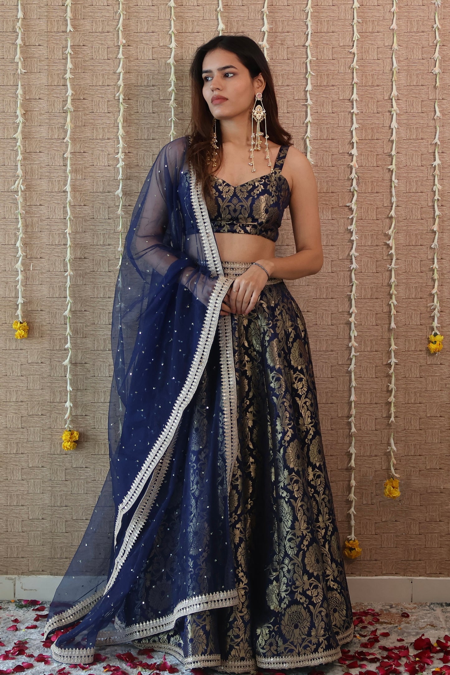 Navy Blue Brocade Lehenga Set