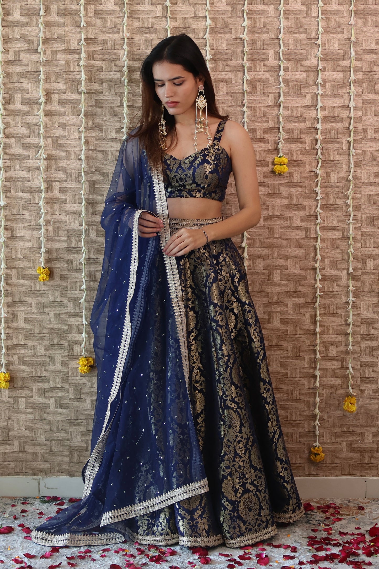 Navy Blue Brocade Lehenga Set
