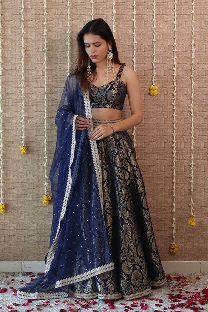 Navy Blue Brocade Lehenga Set