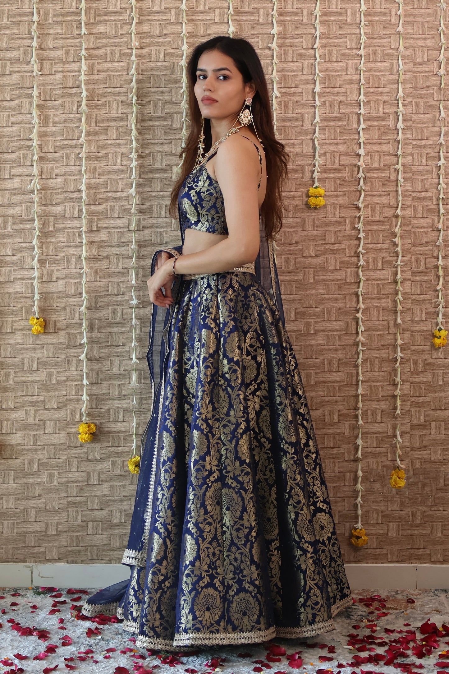 Navy Blue Brocade Lehenga Set