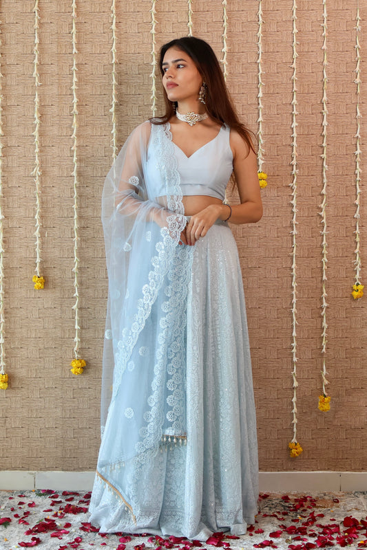 Powder Blue Georgette Embroidered Lehenga Set