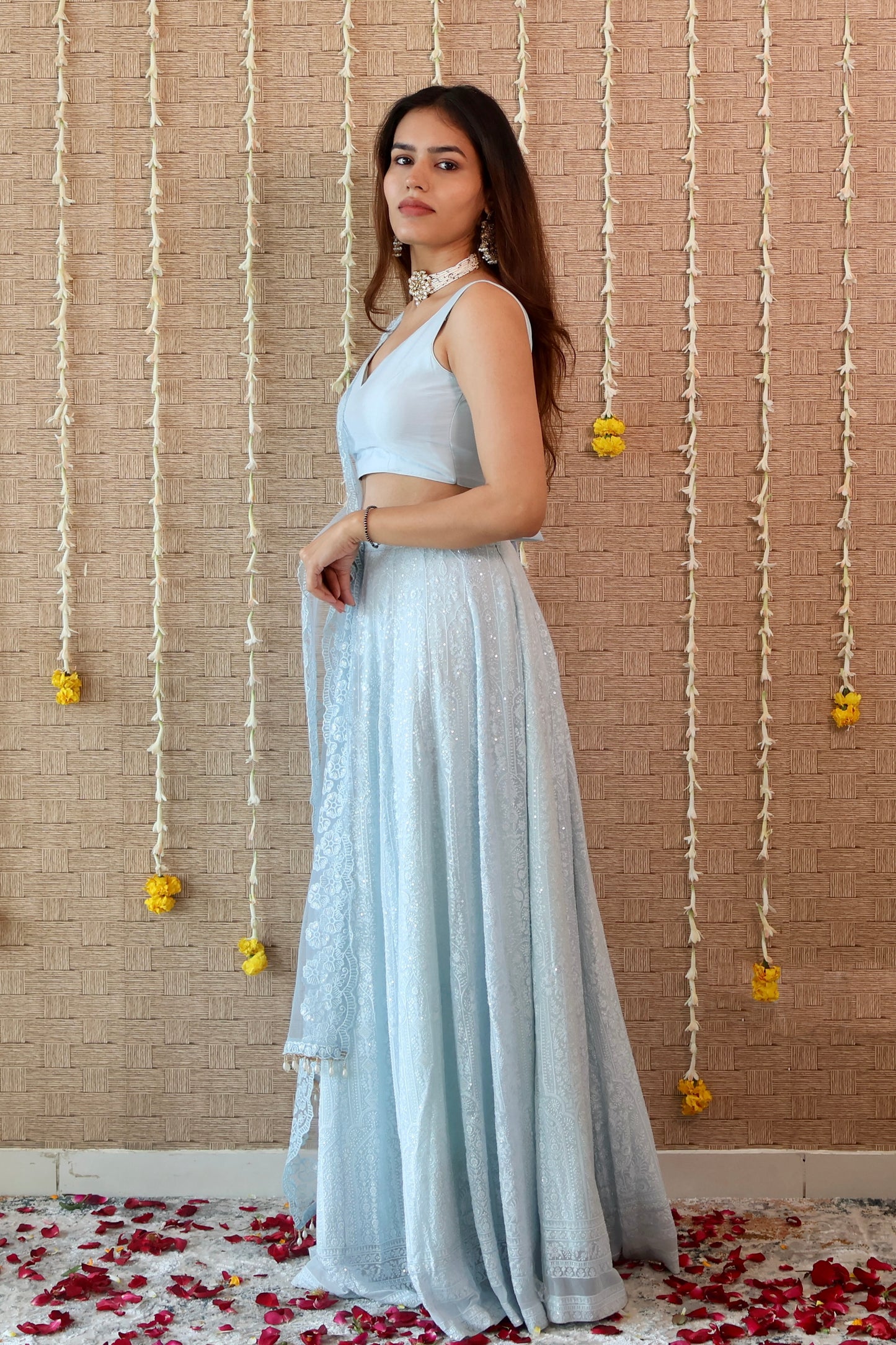 Powder Blue Georgette Embroidered Lehenga Set