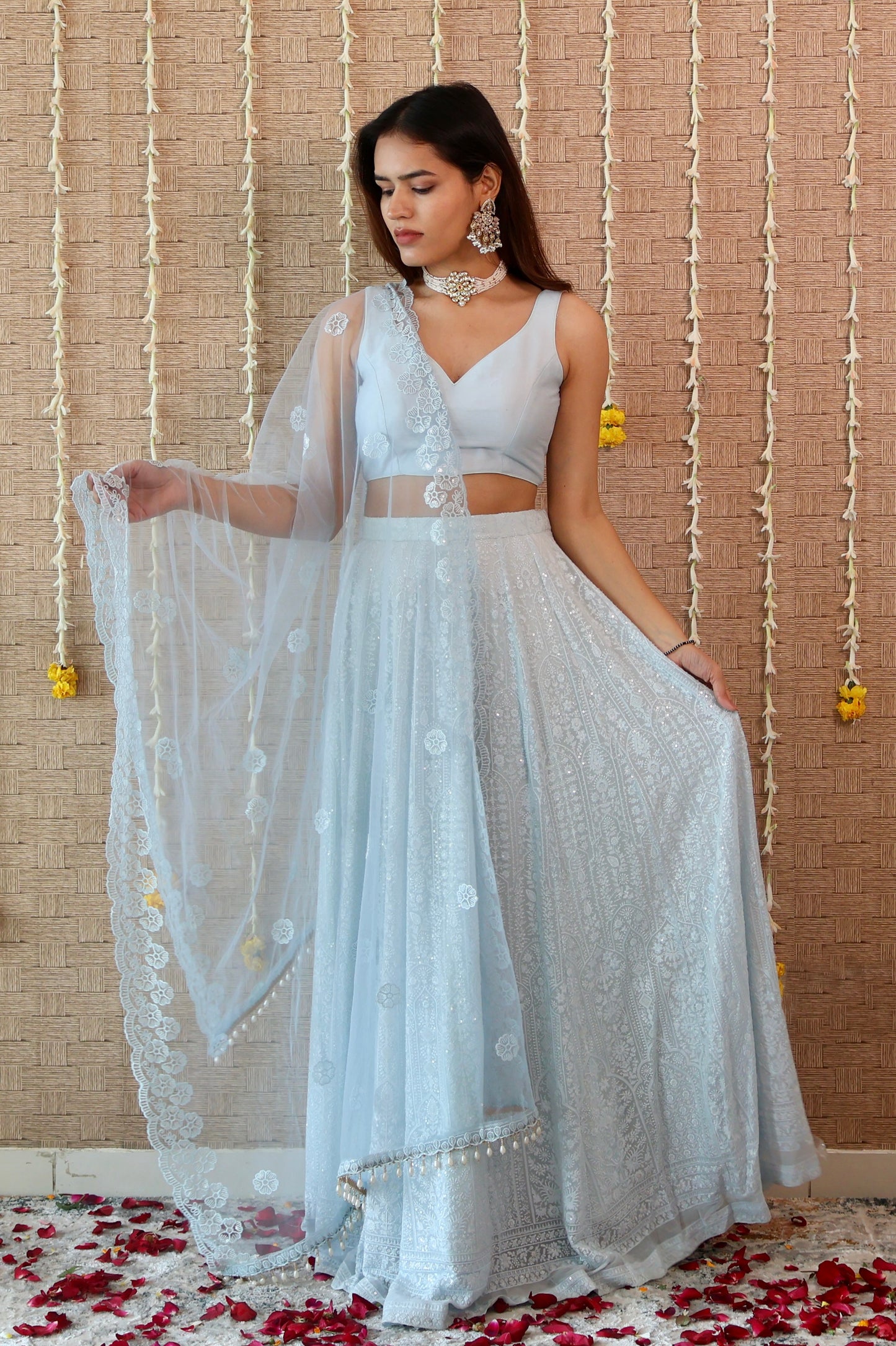 Powder Blue Georgette Embroidered Lehenga Set