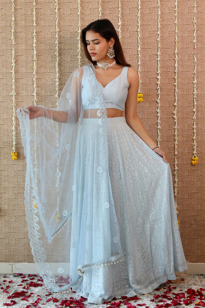 Powder Blue Georgette Embroidered Lehenga Set