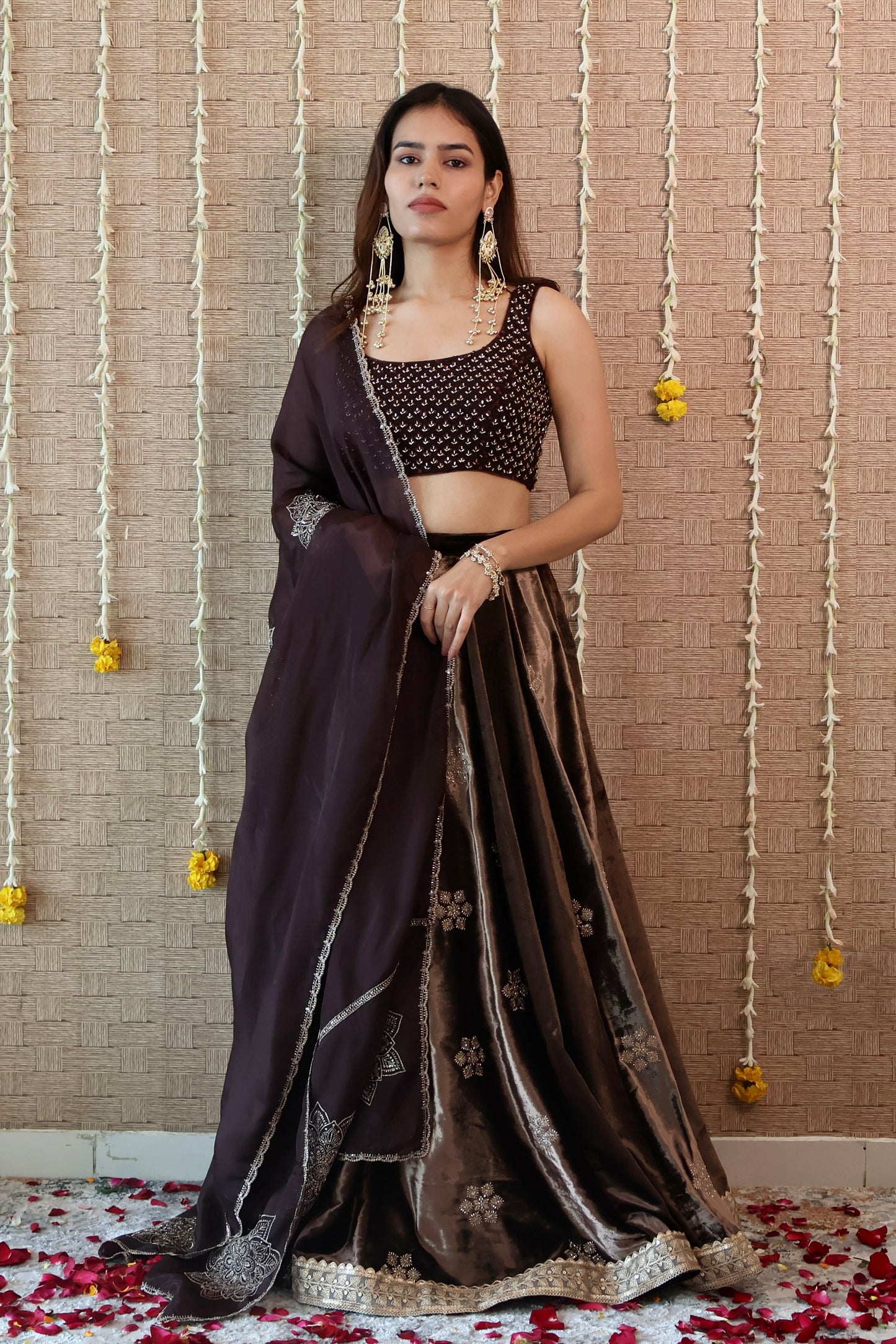 Coffee Brown Velvet Embroidered Lehenga set