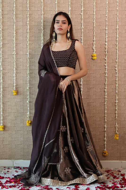 Coffee Brown Velvet Embroidered Lehenga set