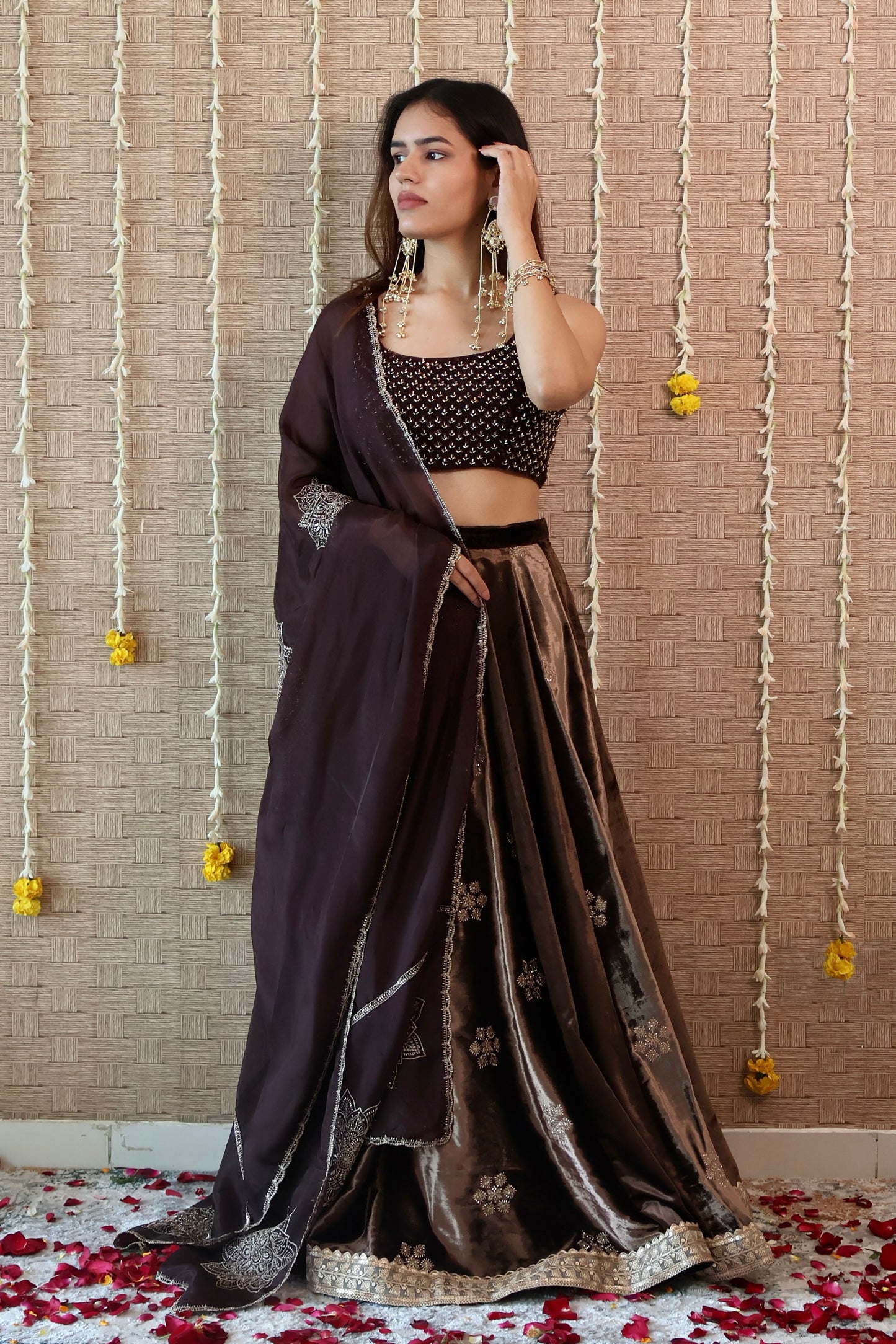 Coffee Brown Velvet Embroidered Lehenga set