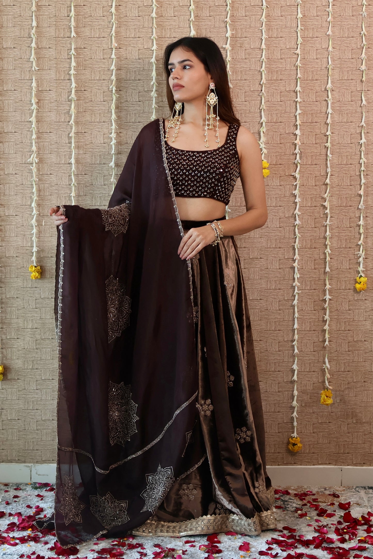 Coffee Brown Velvet Embroidered Lehenga set